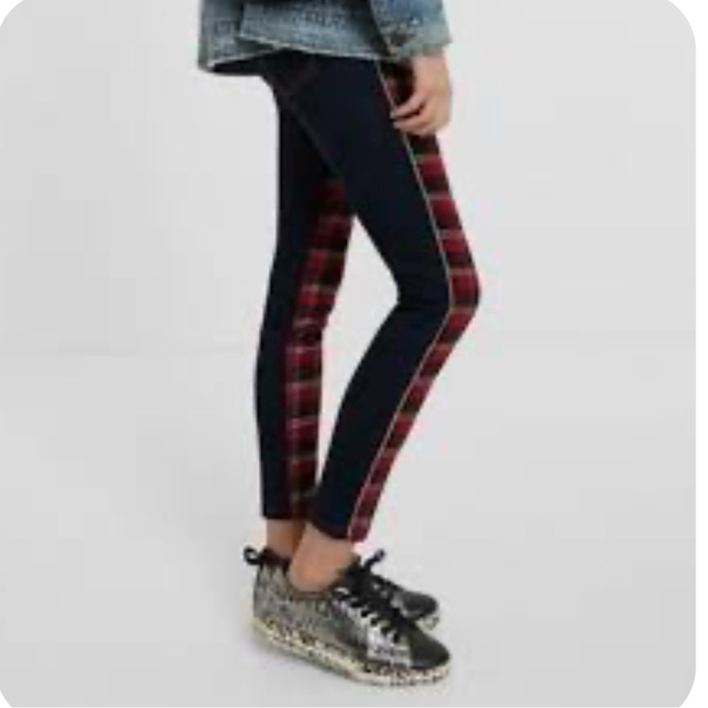 Desigual Tartan Skinny 2-Tone Dark Blue Jeans with Red Plaid Accent. NWOT. 28